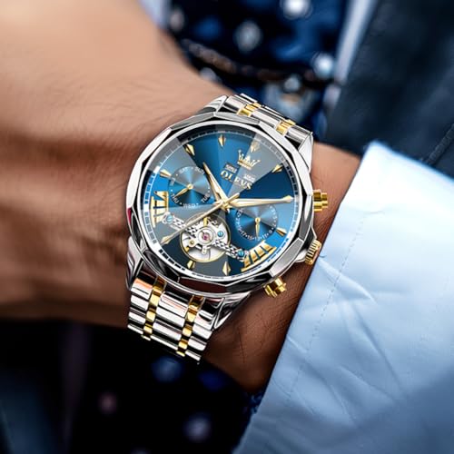 Image of OLEVS Automatic Self Winding Men's Wrist Watch Skeleton Stainless Steel Calendar Chronograph Waterproof Luminous Luxury Gift Branded Watch for Man