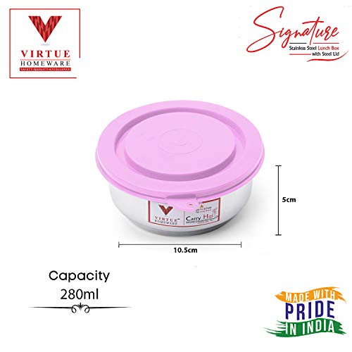 Image of Stainless Steel 3 Container Lunch Box Set |2 Containers 350ml Each & 1 Container 280 ml with Spoon and Bag|Dishwasher Safe|Air Tight Tiffin with Pink lid |Office Travel Picnic School