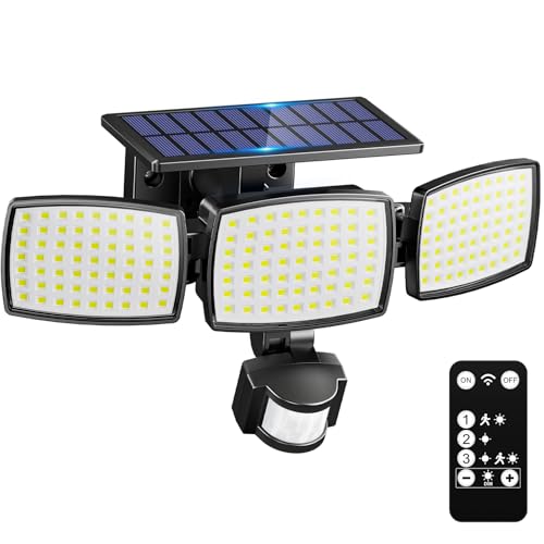KIBTOY 189LED Solar Security Lights with Remote, 1200LM Outdoor Solar Wall Light with Motion Sensor, 3 Adjustable Heads, 330° Wide Lighting Angle, IP65 Waterproof Solar Flood Lights for Yard, Garage