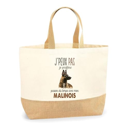 Sac cabas de plage Planetee en toile de jute et coton imprimé chien Malinois personnalisé