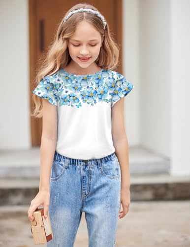 Image of Girls T Shirts Ruffle Short Sleeve Round Neck Loose Blouse Summer Solid Color Casual Girl Tee Tops for 3-12 Years