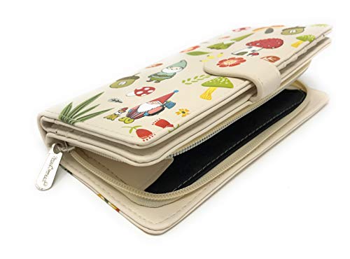 Shag Wear Gnome Forest Large Wallet for Women and Teen Girls Multiple Gnomes Mushrooms Plants Vegan Faux Leather Beige 7"3