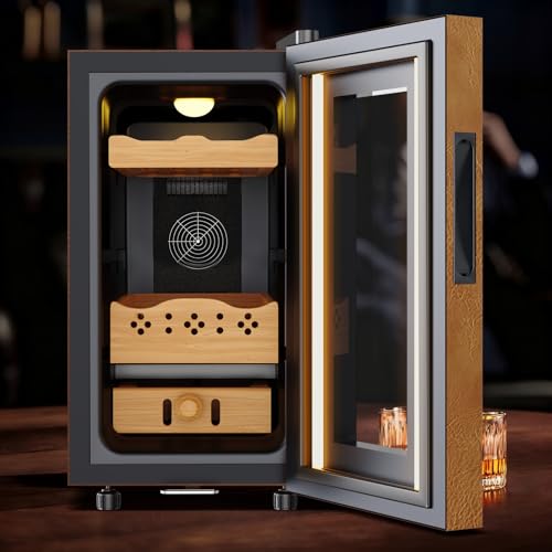 Image of 25L Upgraded Electric Humidor with Leather, 200 Counts Large Capacity,Thermostatic Electric Cooler Cabinet with Digital LED Screen, Safety Lock,Smart Humidity & Temp Control, Gifts for Men