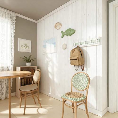 Image of SKOLOO Coastal Wall Mounted Coat Rack - 16-7 /8 inch Beach House Entryway Wooden Coat Hook with 5 Hooks for Hanging Coats, Hats or Towels, Oceanfront Cottage Core Collection, White & Green