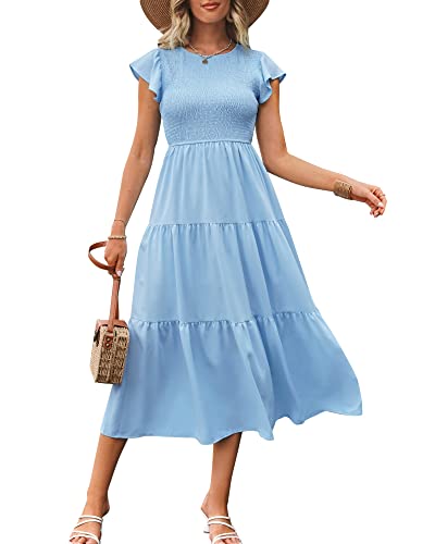 Women's Summer Casual Flutter Sleeve Crew Neck Smocked Maxi Dress Tiered Ruffle Flowy A-Line Long Dresses