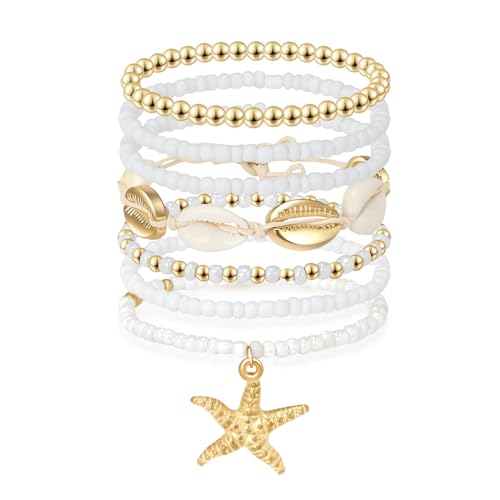 Artlunar Summer Beach Bracelet for Men Women Teens Seashell Starfish Clay Beaded Elastic Stackable Stretch Boho Friendship Bracelets Summer Jewelry Gifts Party Accessories