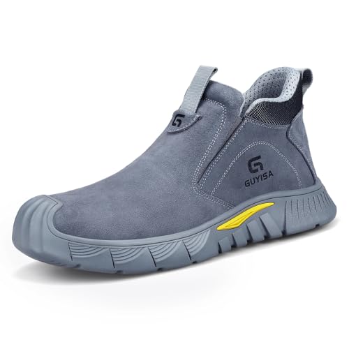 GLANOUDUN Welding Work Boots for Men Slip on Steel Toe Shoes for Men Indestructible Men's Steel Toe Boots Comfortable Safety Work Shoes Construction Welder Safety Footwear Grey