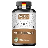 Nattokinase Kapseln hochdosiert 240 Kapseln je 100 mg (20.000 FU/g) - 8 Monatsvorrat, Laborgeprüft, Vegan - Ohne unerwünschte Zusätze - Raibu