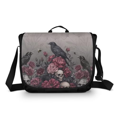 Entornuest Raven Rose Skull Casual Messenger Bag for Women Men Flap Crossbody Bag with Side Pockets Vintage Large Flap Laptop Bag Shoulder Crossbody Purse For Traveling