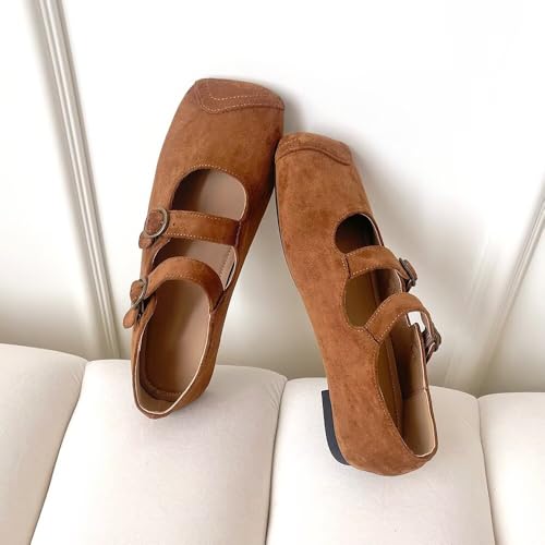 LUXINYU Women Square Toe Mary Jane Flats Comfortable Suede Shoes Double Buckle Straps Low Heel Casual Ballet Dress Moccasin Shoes3