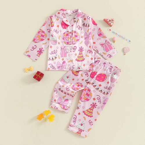 Biayxms Kids Baby Girl Birthday Silk Pajamas Set Cake Button Down Shirts Tops Shorts My Birthday Girls Satin Pj Sleep Sets3
