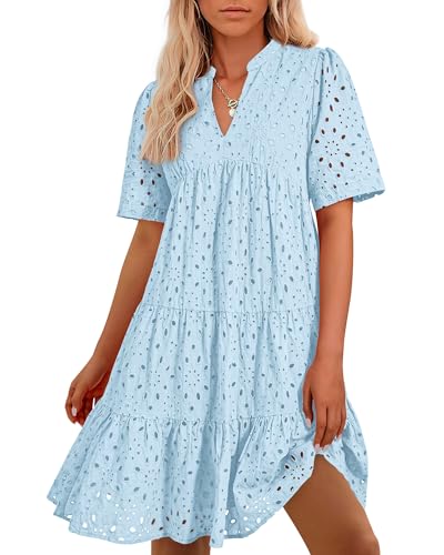 Image of BTFBM Womens Boho Summer Dresses 2026 Spring V Neck Short Sleeve Hollow Out Lace Ruffle Casual Beach Mini Vacation Dress