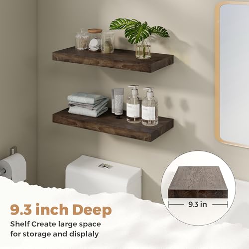 Image of RICHFOCUS Elm Floating Shelves for Wall - 24 inch W x 9.3 inch D Rustic Solid Wood Shelves with Invisible Bracket, Wall-Mounted for Living Room, Bedroom, Kitchen Storage & Display, Set of 2, Walnut