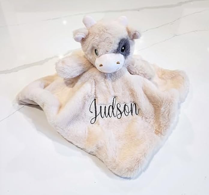 SONA G Designs Personalized Plush Cow Baby Lovey Lovie Security Blanket- Cream Color