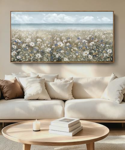 amatop Large Wall Art for Living Room Framed Boho Beach Coastal Floral Ocean Wall Picture Farmhouse Daisy Flower Sea Canvas Print Nautical Neutral Vintage Warm Artwork Home Bedroom Office Decor 48x24