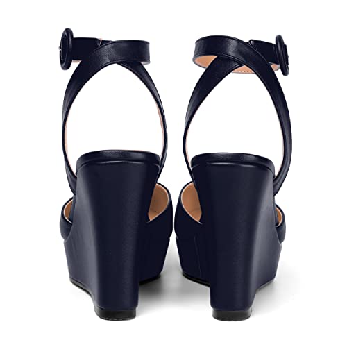 ROSERWISH Womens Round Toe Platform Fashion Ankle Strap Buckle Matte Sexy Party Wedge High Heel Pumps Dress Shoes 4 Inch4