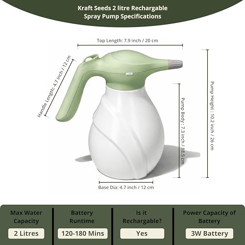 Image of Kraft Seeds 2L Electric Garden Sprayer for Plants - USB C Rechargeable Spray Bottle, 3.7V 3W Lithium Battery, 1.8-2.0 Bar Pressure, Dual Nozzle Mist & Jet Water Spray Pump for Gardening, Car & Home