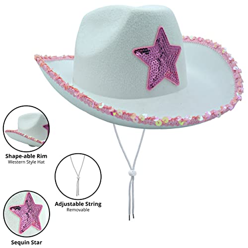 4E's Novelty Cowboy Hat With Heart Shaped Sunglasses - Felt White & Pink Cowgirl Hat With Sequins For Women Bachelorette Party Dress Up Accessory #TOP1