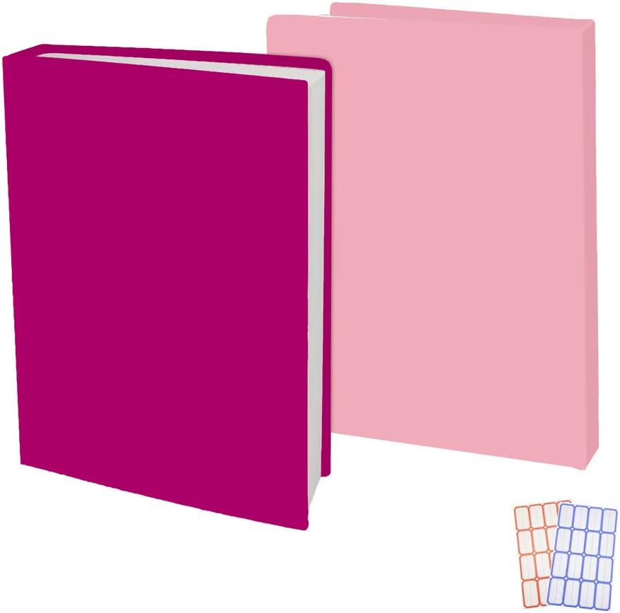 2 Pack Stretchable Book Sleeve Covers, for Paperbacks Hardcover Textbooks up to 9″ x 12″, Office Supplies with Free Sticker Labels (Rose Red + Pink)
