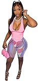 Damen Sexy 2 Stück Schnürhemden Tops Bodycon bedruckte Shorts Cocktail Party Outfits Trainingsanzug Set, Rosa, XL