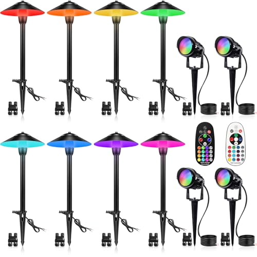 SUNVIE RGBW Landscape Lighting Kit 12V Low Voltage Landscape Lighting with Connectors, Color Changing Low Voltage Pathway Lights Wired with Spotlights Waterproof for Holiday Patio Garden Yard,12 Pack