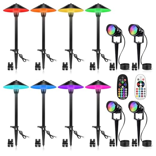 SUNVIE RGBW Landscape Lighting Kit 12V Low Voltage Landscape Lighting with Connectors, Color Changing Low Voltage Pathway Lights Wired with Spotlights Waterproof for Holiday Patio Garden Yard,12 Pack