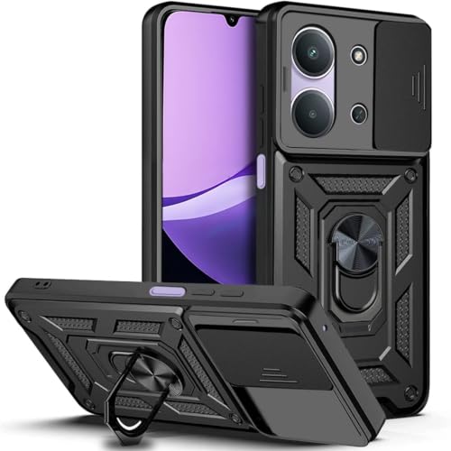 Image of SPAZY CASE Redmi 15C 5G Back Cover | Heavy Duty Hybrid Case with 360 Degree Rotating Finger Ring Holder + Slider Shutter Camera Protection Case for Redmi 15C 5G - Black
