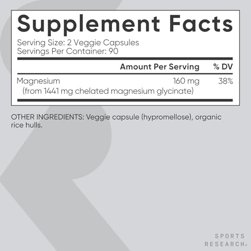 Image of Sports Research Magnesium Glycinate - Supports Restful Sleep & Enzymatic Processes - 160 mg Chelated Magnesium - Vegan Capsule - 180 Count