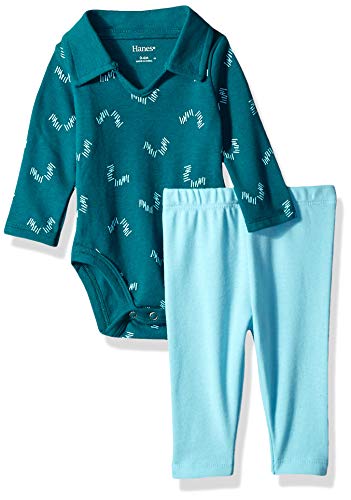Hanes Ultimate Baby Flexy 2 Piece Set (Pant with Long Sleeve Polo Bodysuit), Green Print, 0-6 Months