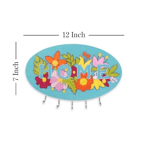 Image of picknMAKE DIY Embroidered Keychain Holder Kit - Complete Set with Oval MDF Base, Natural Jute Fabric, Home Floral Design, Multicolor Threads, Hooks, Glue, and Easy Mounting Setup