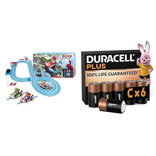 Carrera Mario Kart Pista 2,9m, 2 Coches RC, 3+ años, & Duracell Plus C 6 Unidades
