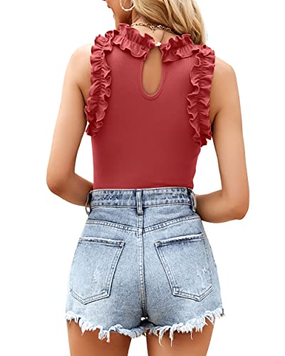 Image of WAYMAKER Women's Sleeveless Racer Back Ruffle Mock Turtle Neck Ribbed Bodysuit Tank Tops