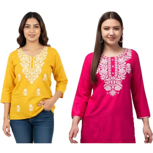 Image of Women's Rayon Kashmiri Embroidered Short Kurti | Stylish and Comfortable Kashmiri Short Kurti Tops for Casual Or Special Occasions | Pack of 2 Combo |