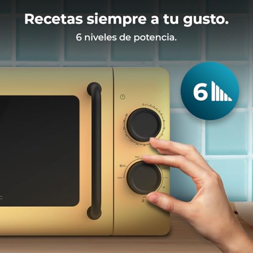 Cecotec Mechanische Mikrowelle mit Grill 20L Proclean 3110 Gelb. 700W in 6 Stufen und 800W Grill, Auftaumodus, Garzeit-Endsignal, Innenleuchte, 30-Minuten-Timer, Gelbes Design