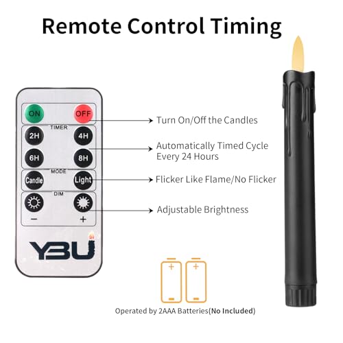 Image of YBU Flameless Taper Candles with Remote 7 Inches Led Candle Sticks with Flickering Light Timer Dimmer Battery Operated Window Candles for Halloween Christmas Decoration (Black)