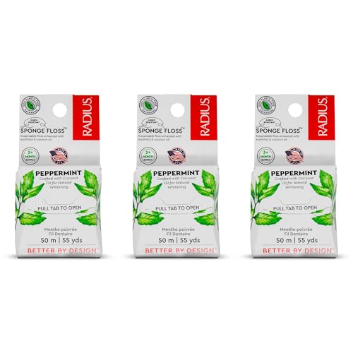 Radius Dental Floss, Sponge Floss, Peppermint, 55 Yards, Vegan & Non-Toxic Oral Care Designed to Help Fight Plaque, Pack of 3