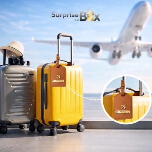 Image of Personalised Leather Family Travel Gift, Tan Luggage Tags in Gift Box (Multicolor)