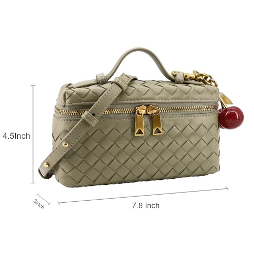 Image of Small Woven Box Crossbody Bags for Women Designer Leather Mini Top Handle Clutch Purse Square Vanity Bag with Cherry Charm