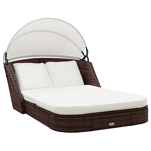 ShGaxin Lettino Prendisole con Baldacchino in Polirattan Marrone, Lettino da Giardino Esterno, Mobili Giardino, Sedie a Sdraio da Giardino