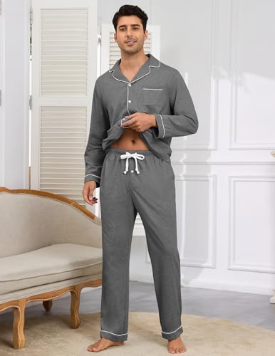 Image of Veseacky Mens 100% Cotton Pajamas Set Long Sleeve Button Down Sleepwear Soft Loungewear Pjs with Pockets