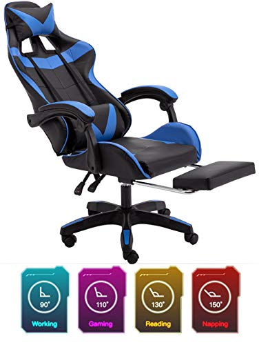 Jackgold Gaming Footrest Office Adjustable Swivel Leather High Back Computer Desk Chair with Headrest and Lumbar Support, Blue-Black