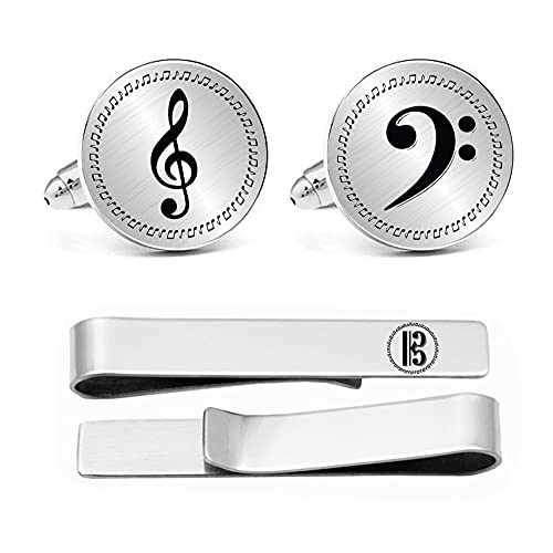 Kooer Treble Clef & Bass Clef Cufflinks and Tie Bar Set Stainless Steel Music Notes Cuff Links Wedding Jewelry Gift for Men (Style 1)
