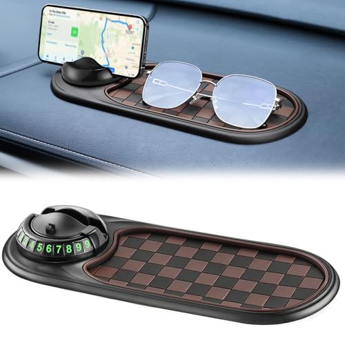 LivTee Multifunction Car Anti-Slip Mat, 360° Rotatable Multifunctional Car Dashboard Mobile Phone Holder with Temporary Parking Number, Universal Dashboard Accessories for Organized Storage (BB-Black)