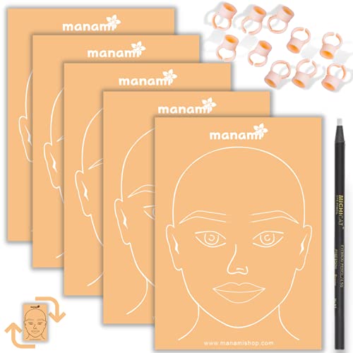 Manami 5 PC Double Sided Fake Skin | Scalp Micropigmentation | Tattooing and Microblading Eyebrow Practice Skin for Tattoo Supplies | Permanent Makeup Tattoo Kit with White Pencil and 10 Silicone Cups