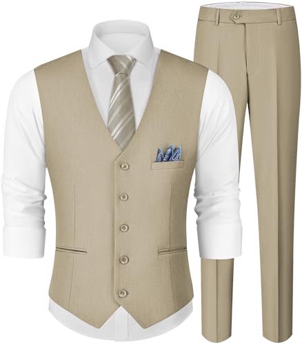 MAGE MALE Men's Linen 2 Piece Suit Slim Fit Wedding Groomsmen Summer Vest Pants Set with Pocket Square Camel