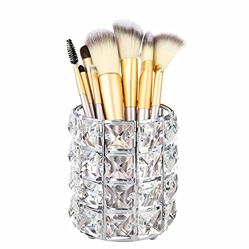 AKOAK 1 Pack Crystal Makeup Brush Holder Office Supplies Storage Rack Eyebrow Pencil/Lipstick/Pencil Makeup Container, Dressing Table, Bedroom, Office (Silver)