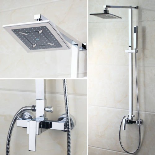 Wall Mounted Polished Chrome Finished Rainfall Shower Faucet With 8" ABS Plastic Shower Head and Handheld Spray