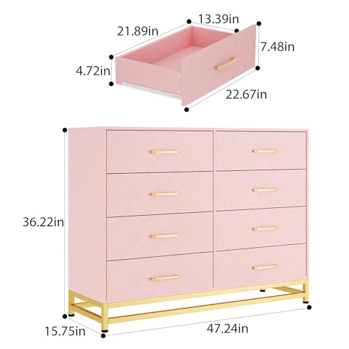 GarveeHome Dresser for Bedroom with 8 Drawer, TV Stand Dressers Chest of Drawers Large Wood Dresser for Storage and Organization (Pink)