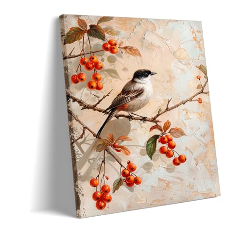 Toile botanique oiseau d'automne peinture murale baies orange cuisine