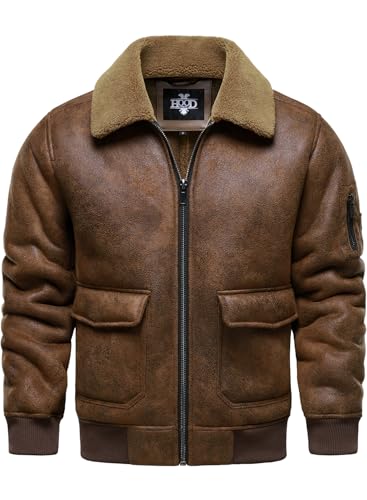 HOOD CREW Men's Faux Leather Motorcycle Jacket Men Bomber Jacket Warm Sherpa Fleece Lined Winter Coat Aviator Flight Jackets Brown L